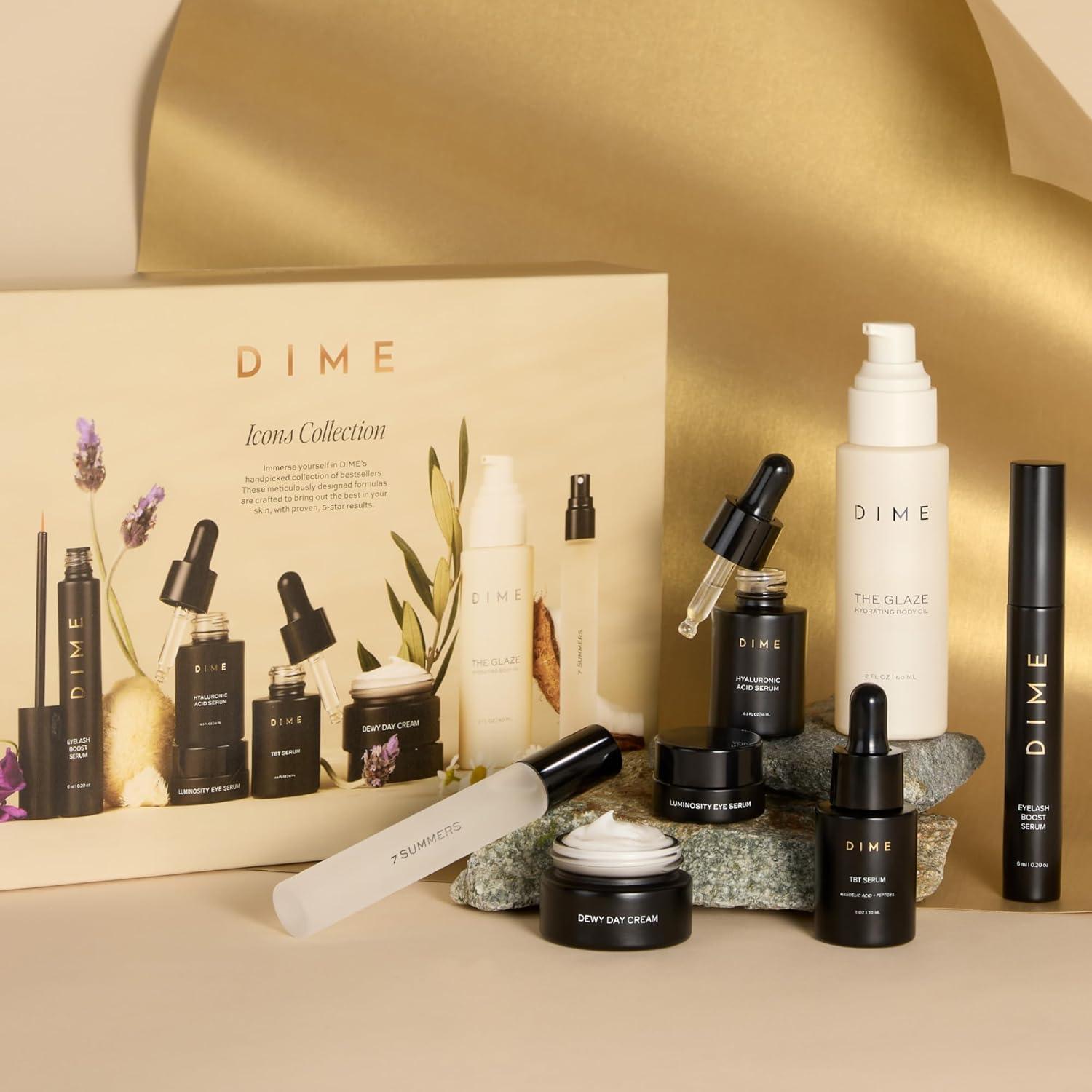 imageDIME Beauty Icons Collection Travel Size Skincare Discovery Set Includes 7 Summers Perfume Eyelash Boost Serum Luminosity Eye Glaze Body Oil Hyaluronic Acid Dewy Day Cream TBT Serum