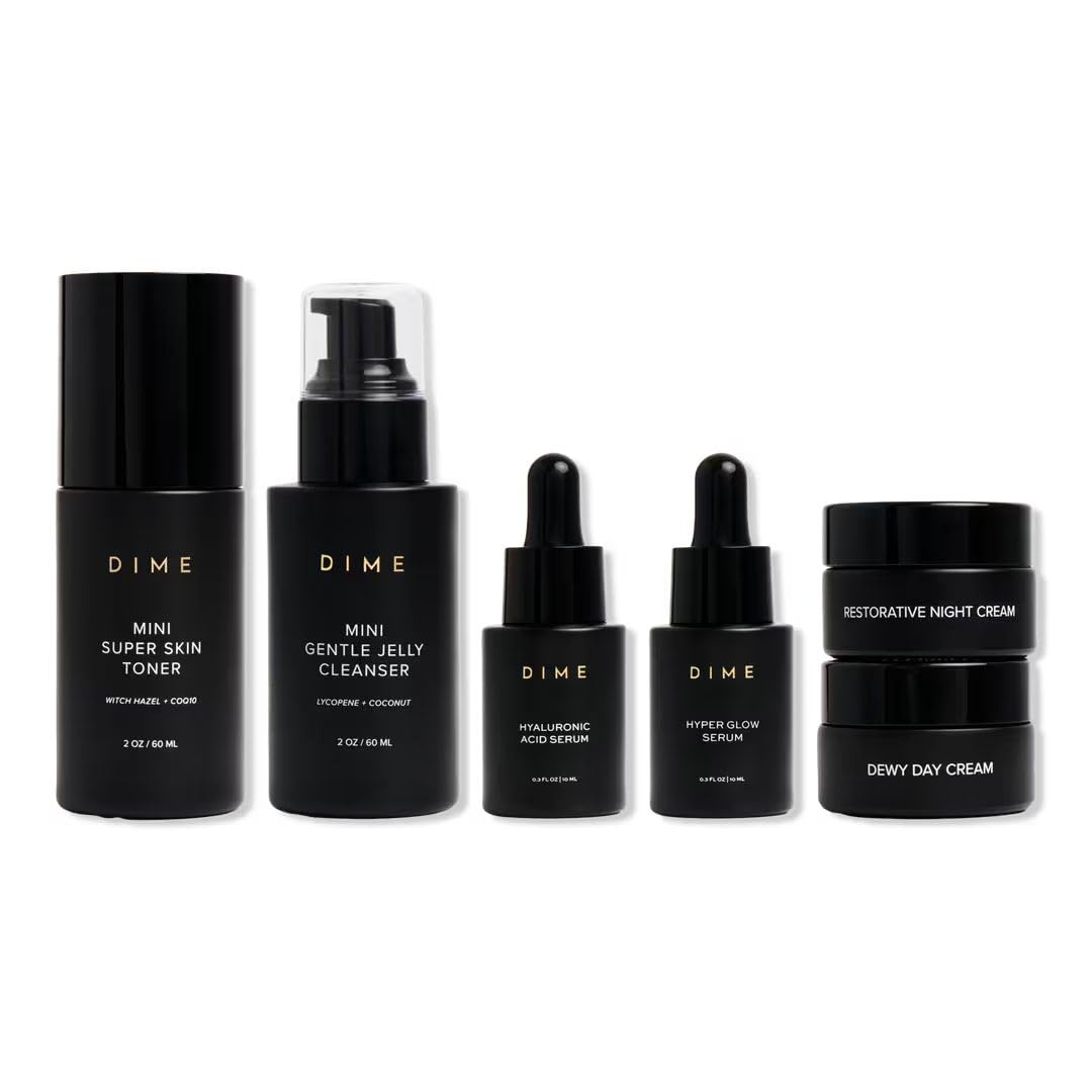 image:imageDIME Beauty The Works Discovery Set 6Piece Clean Skincare Starter Kit with Cleanser Toner Hyper Glow Serum Hyaluronic Acid Serum amp DayNight Creams Vegan amp CrueltyFreeOff White