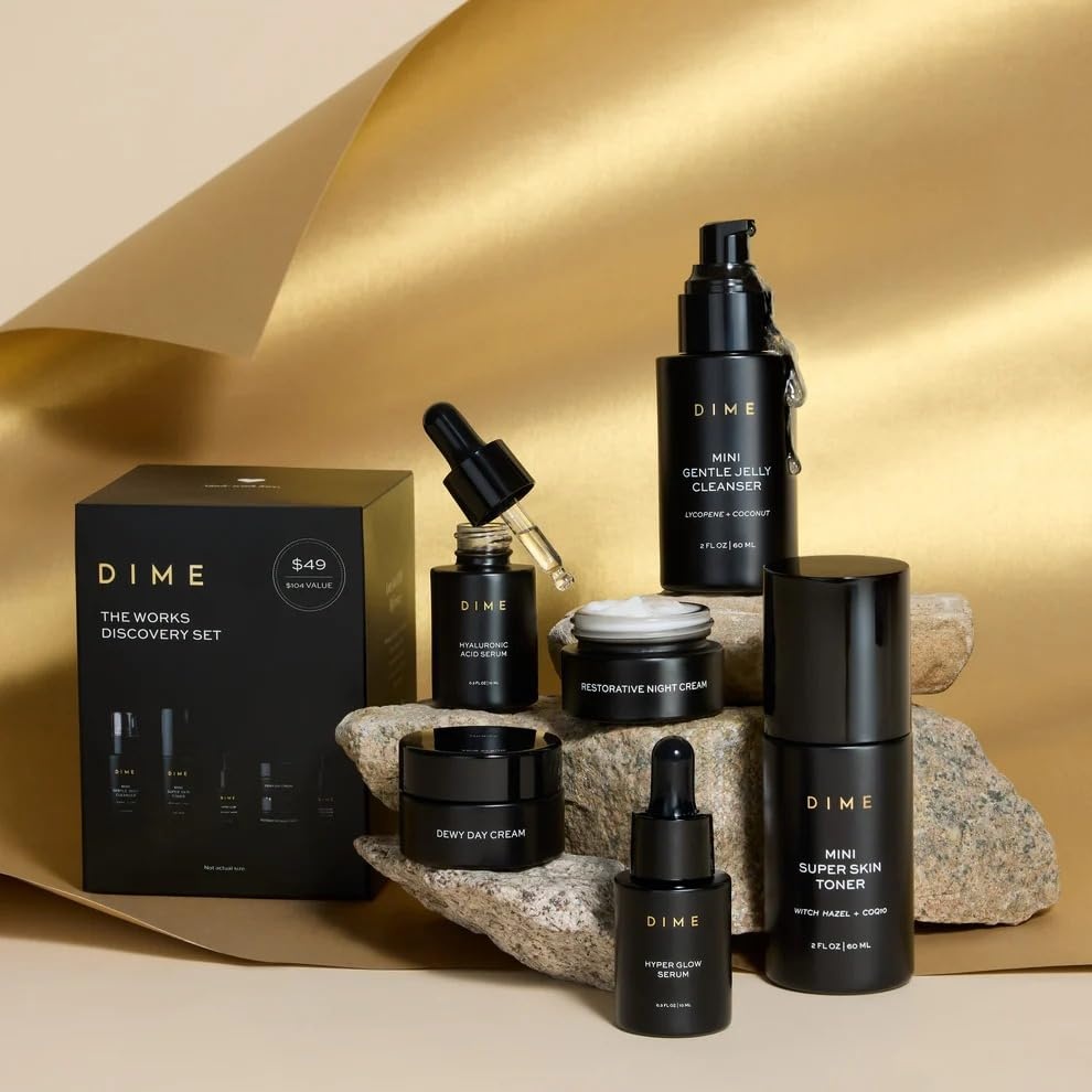 image:imageDIME Beauty The Works Discovery Set 6Piece Clean Skincare Starter Kit with Cleanser Toner Hyper Glow Serum Hyaluronic Acid Serum amp DayNight Creams Vegan amp CrueltyFreeOff White
